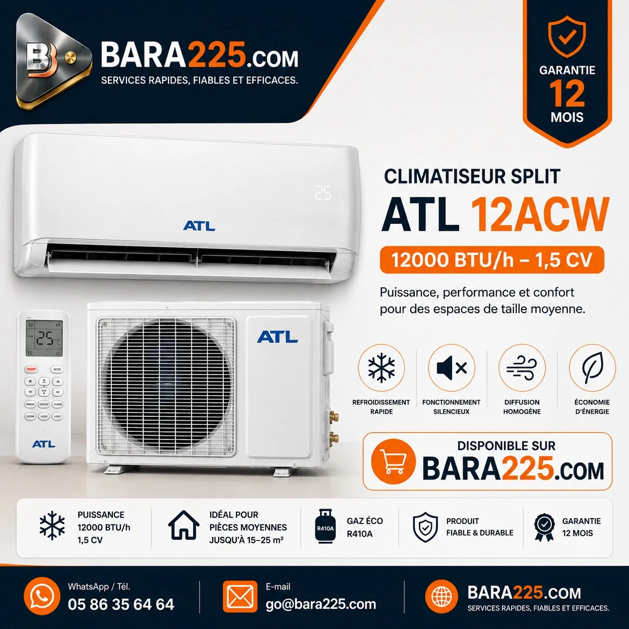 Climatiseur Split ATL 12ACW 12000 BTU h 1,5 cv