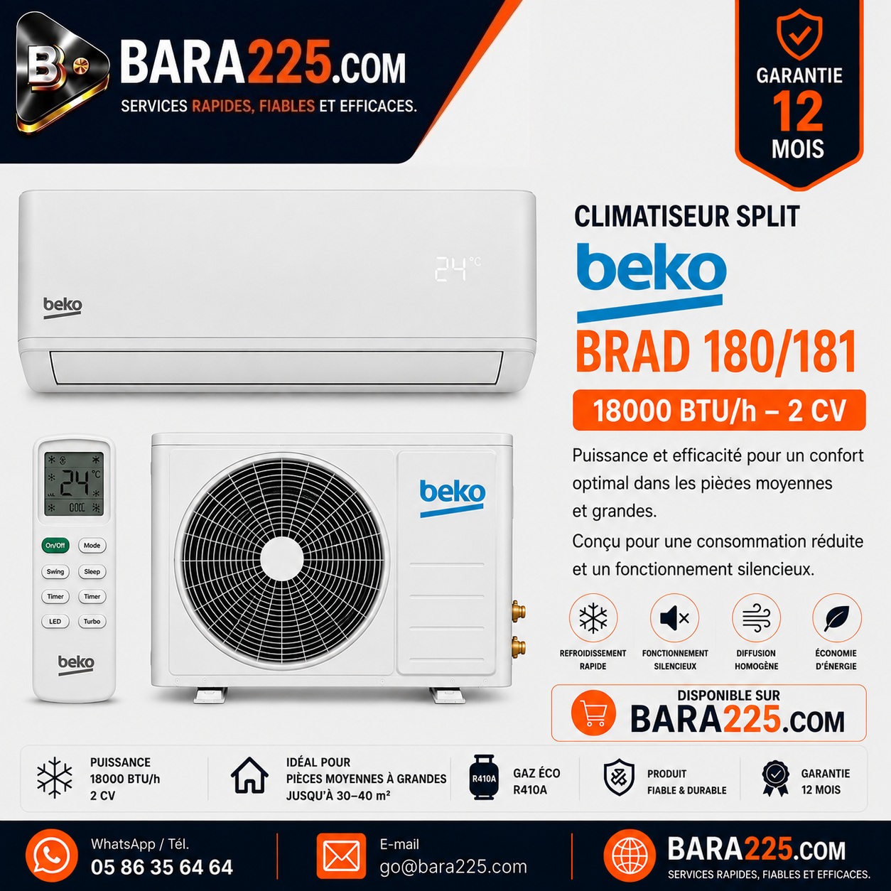 Climatiseur Split Beko Brad 180/181 18000 BTU /h 2 cv