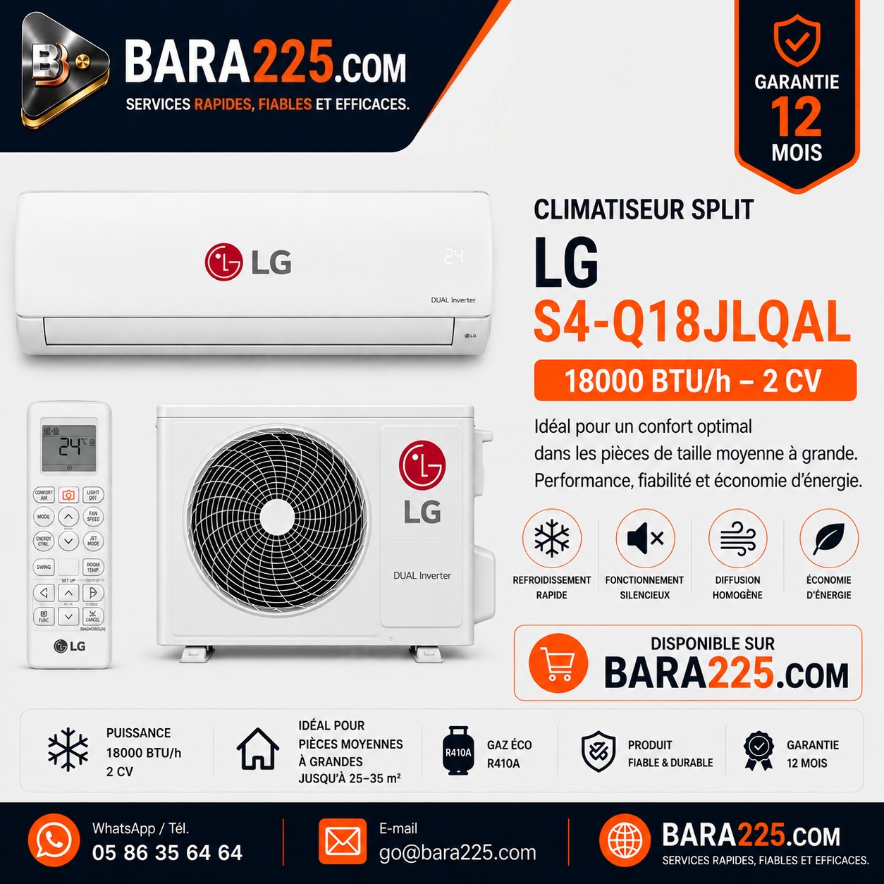 Climatiseur Split LG S4-Q18JLQAL 18000 BTU /h 2 cv