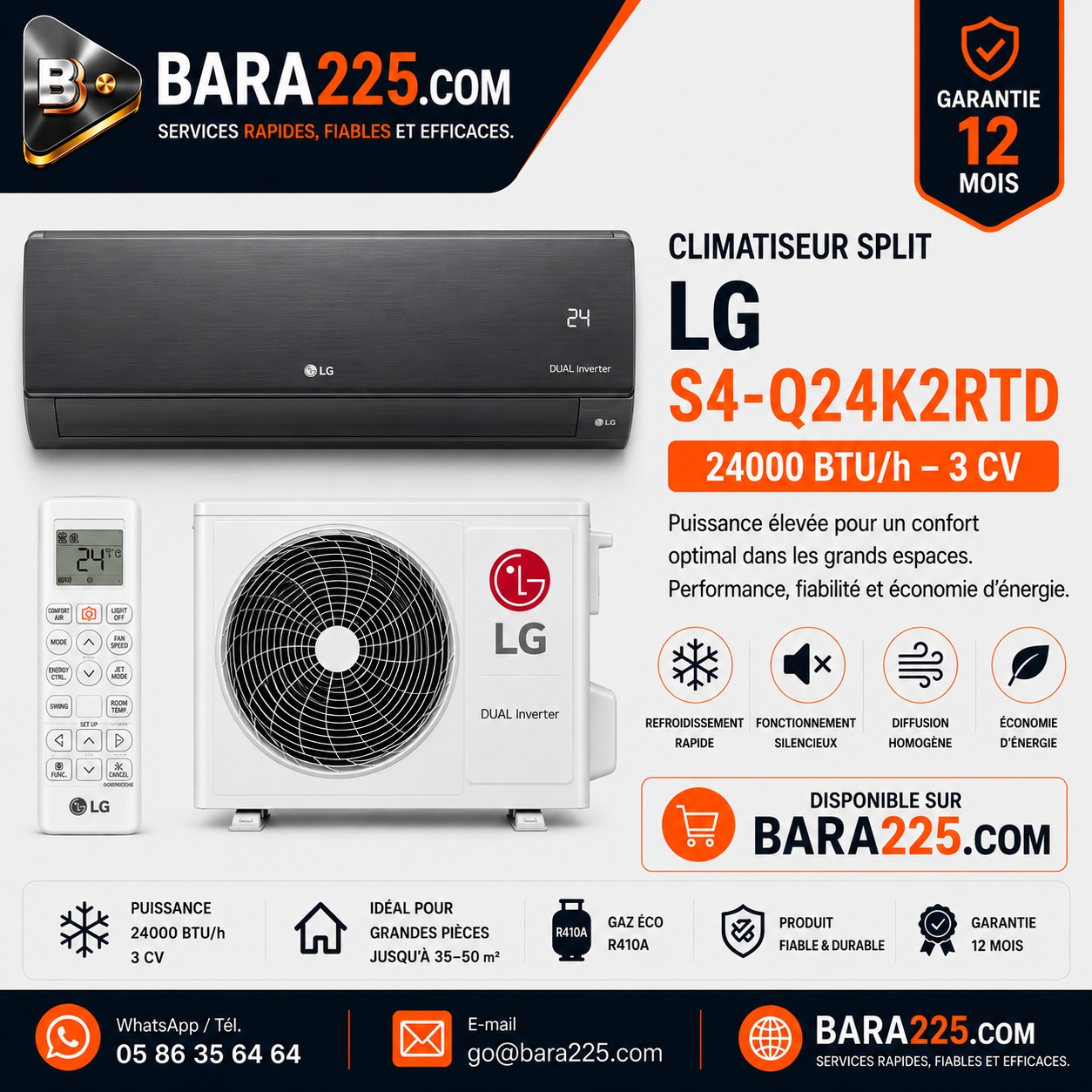 Climatiseur Split LG S4-Q24K2RTD 24000 BTU /h 3 cv