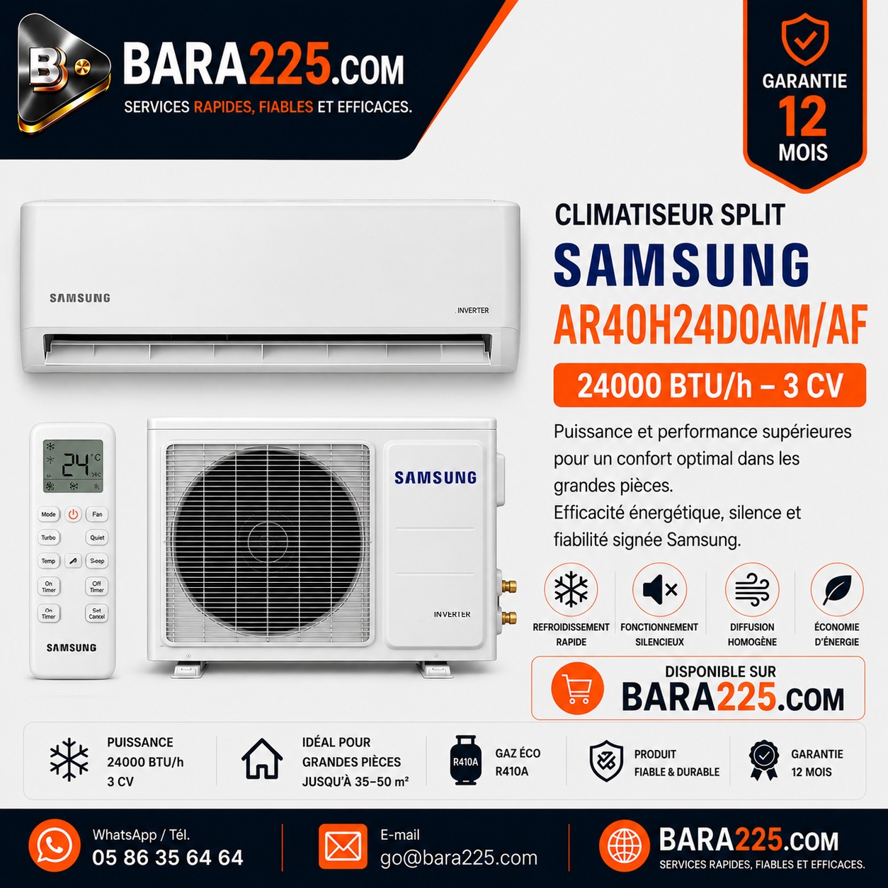 Climatiseur Split Samsung AR40H24D0AM/AF 24000 BTU /h 3 cv