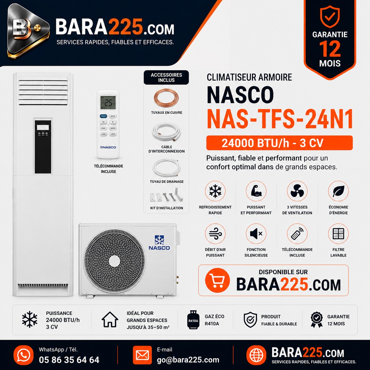 Climatiseur armoire Nasco NAS-TFS-24N1 24000 BTU /h 3 cv