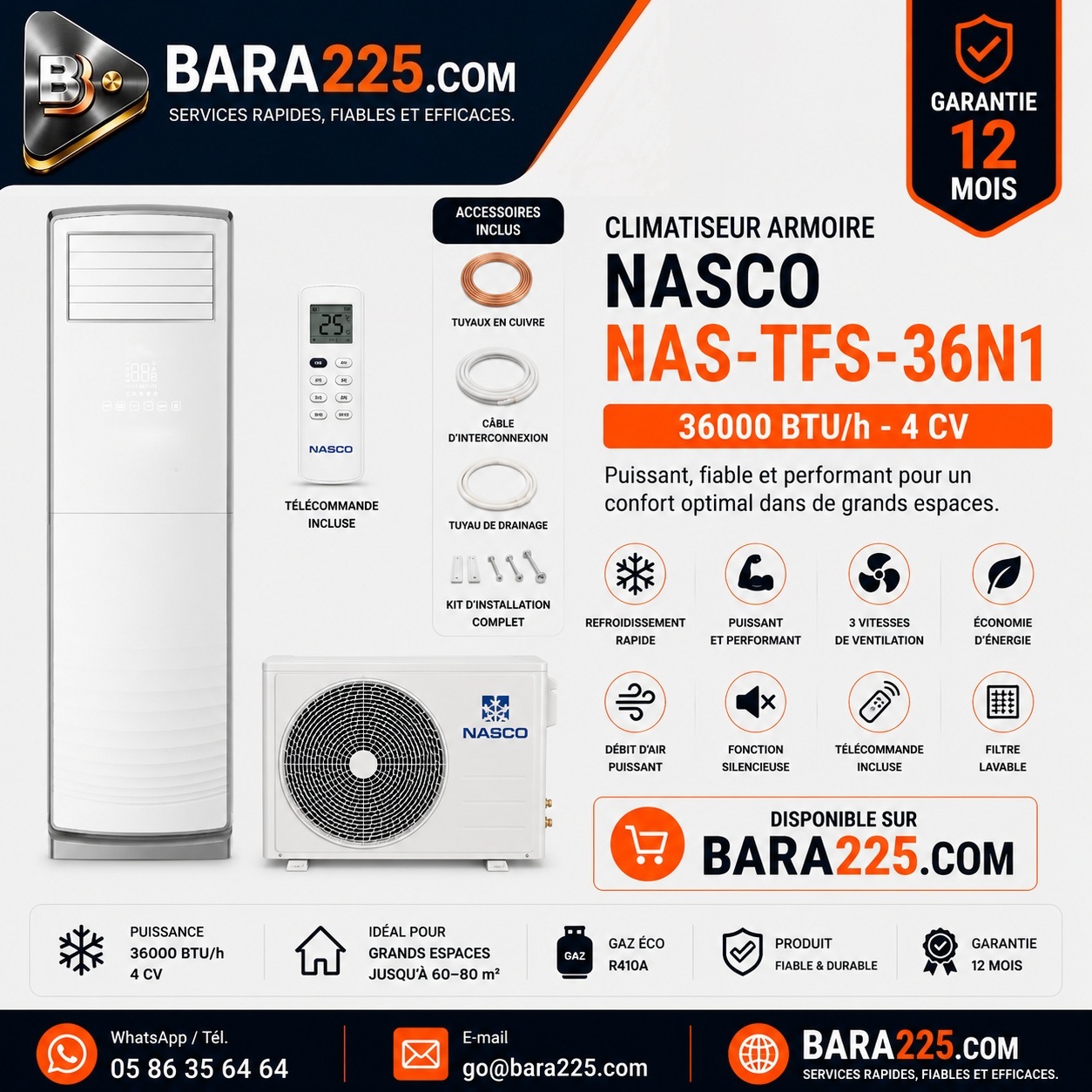 Climatiseur armoire Nasco NAS-TFS-36N1 36000 BTU /h 4 cv