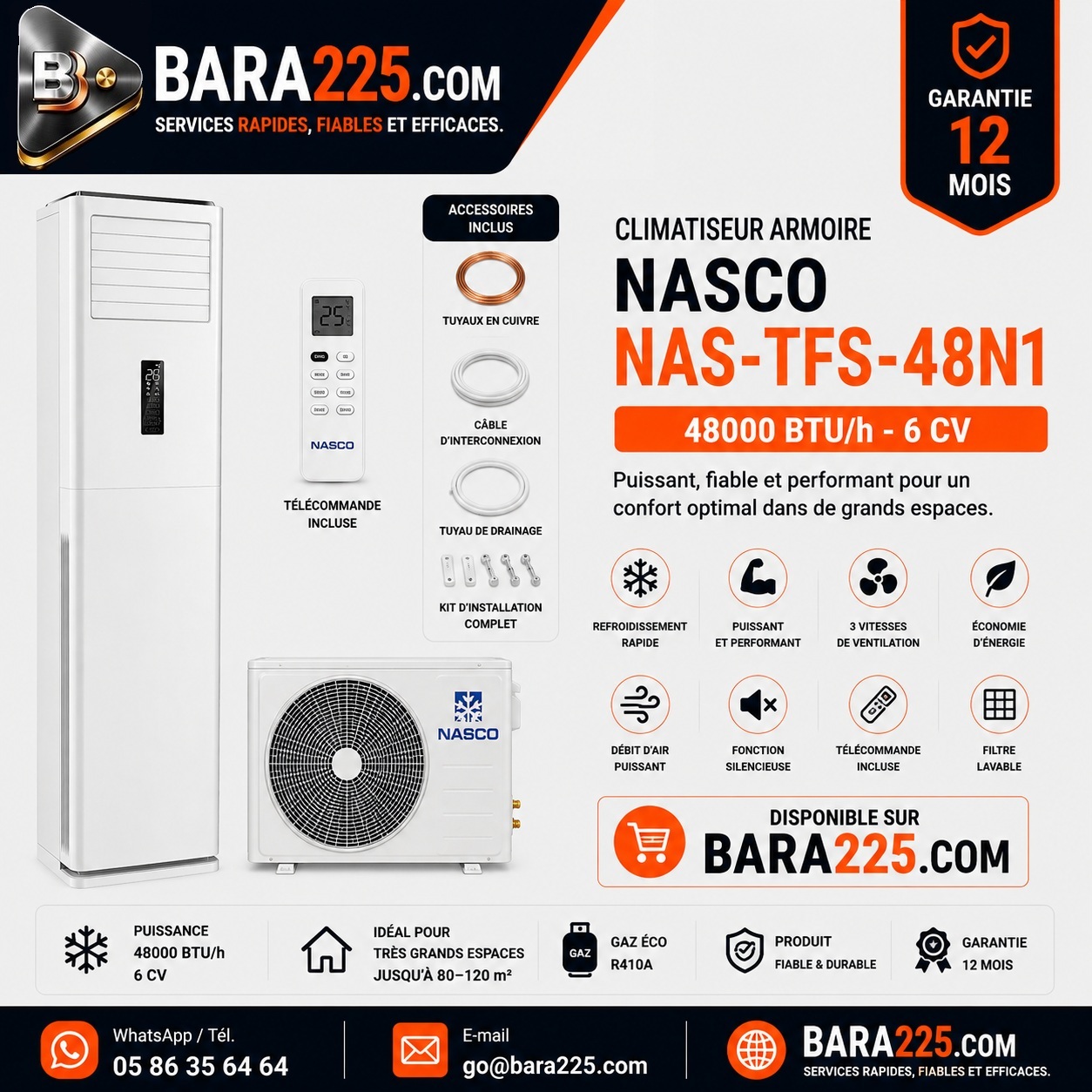 Climatiseur armoire Nasco NAS-TFS-48N1 48000 BTU /h 6 cv