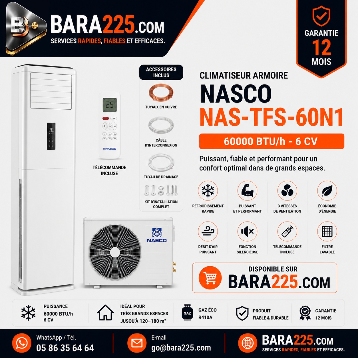 Climatiseur armoire Nasco NAS-TFS-60N1 60000 BTU /h 6 cv
