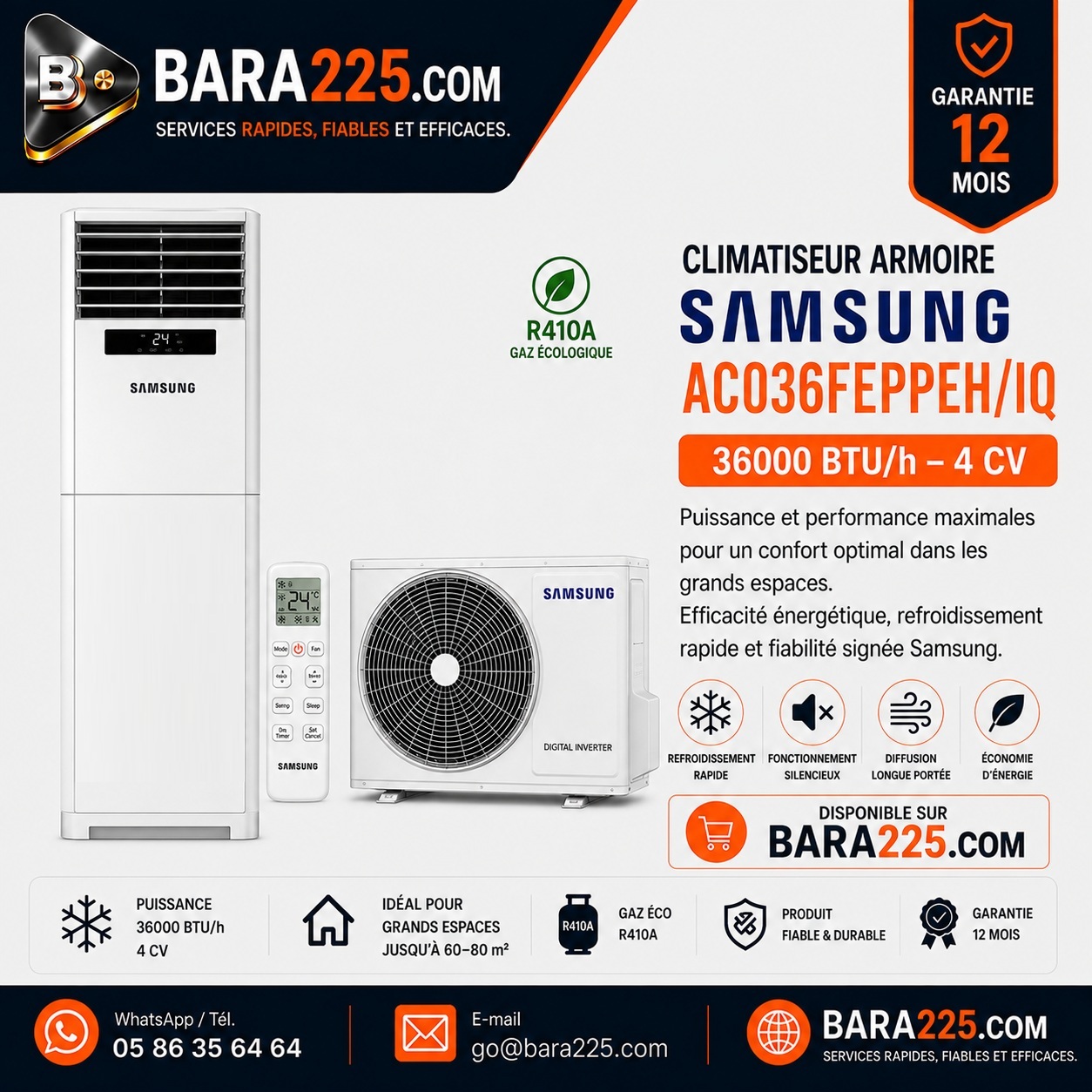 Climatiseur armoire Samsung AC036FEPPEH/IQ 36000 BTU /h 4 cv