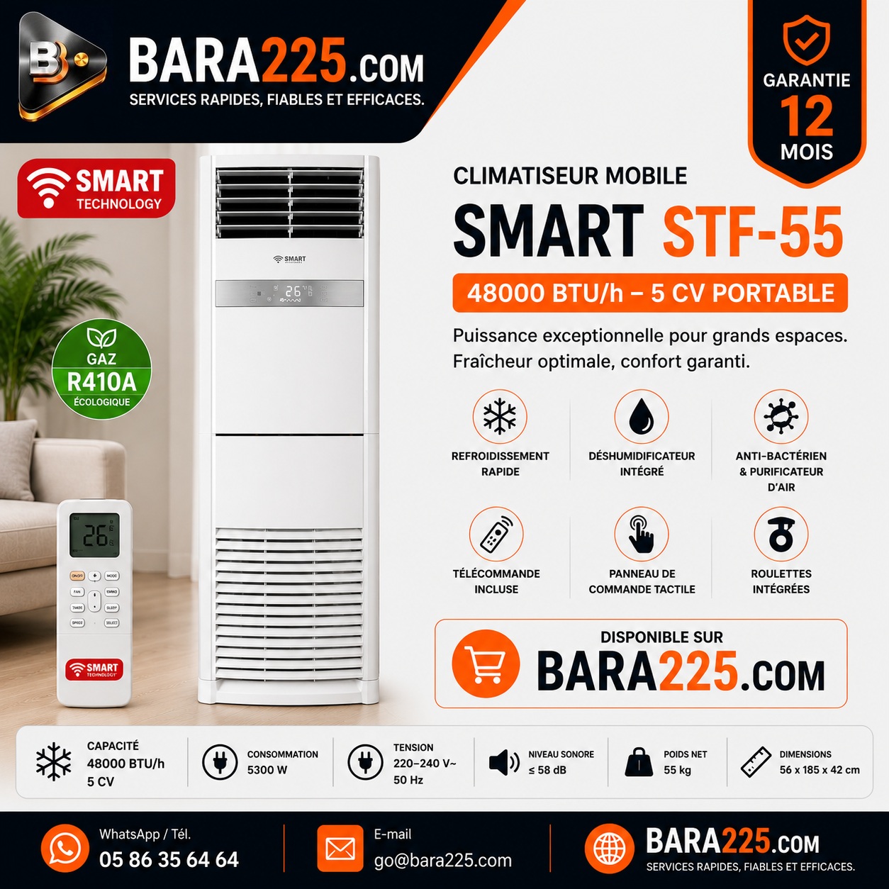 Climatiseur mobile Smart STF-55 48000 BTU h 5 cv portable