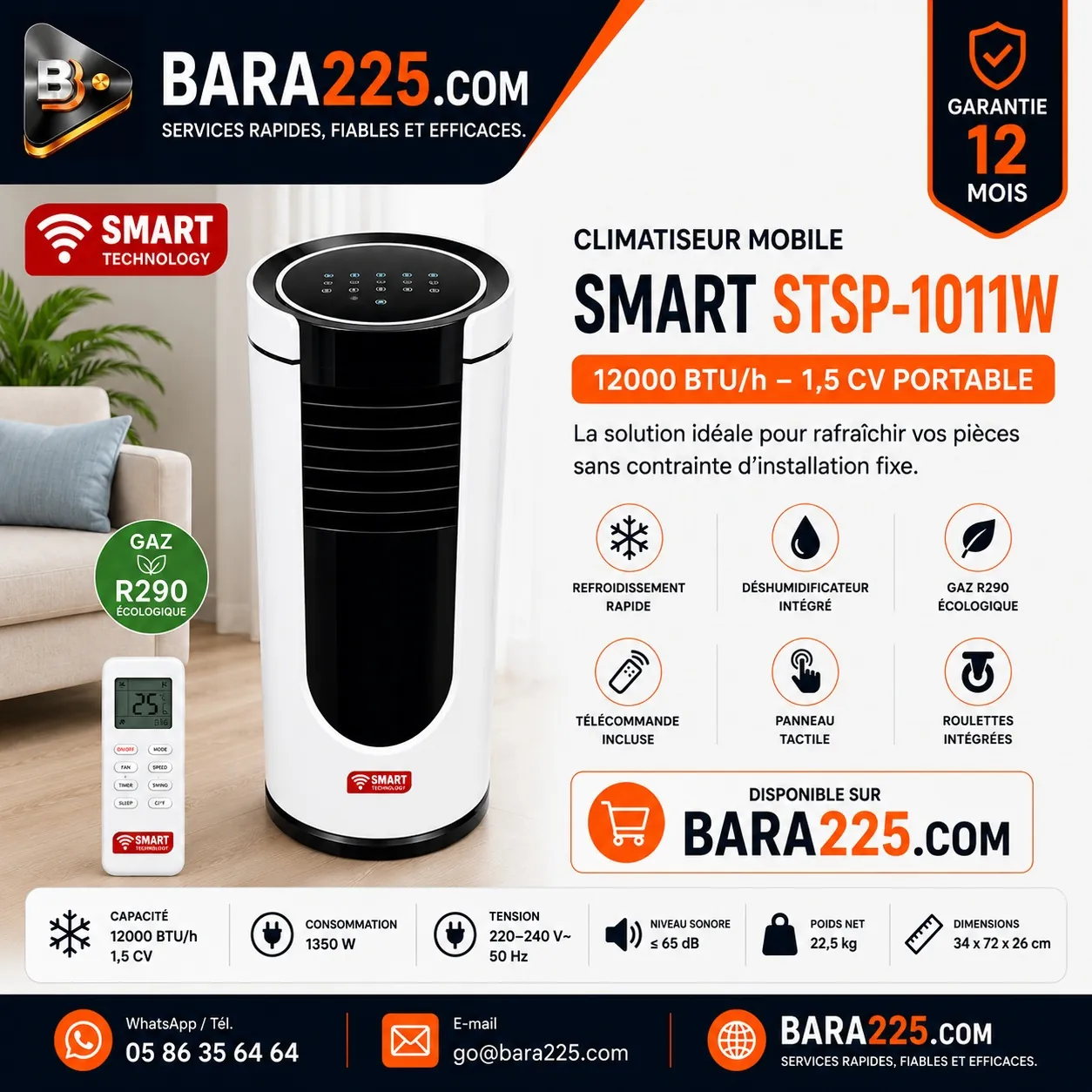 Climatiseur mobile Smart STSP-1011W 12000 BTU h 1,5 cv portable