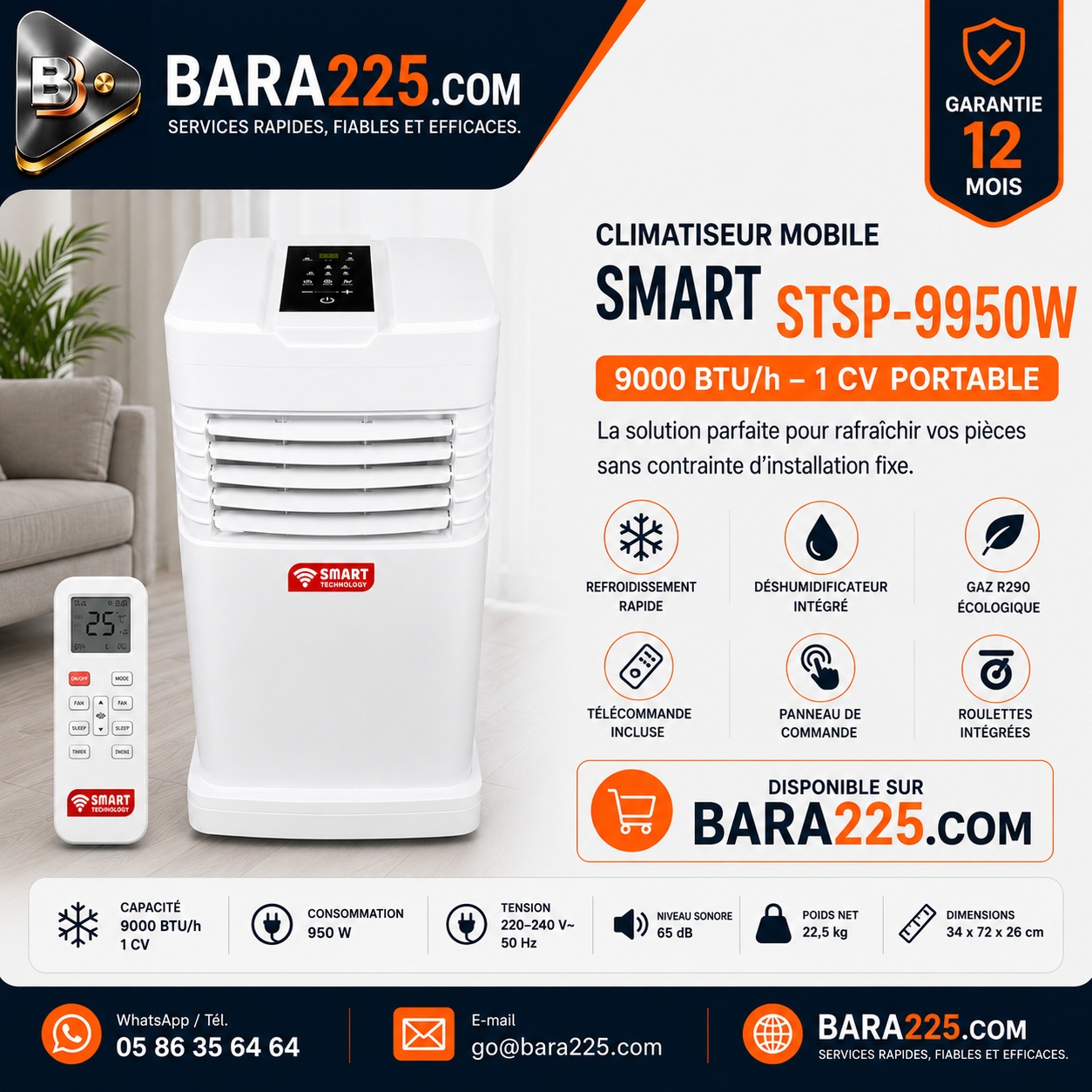 Climatiseur mobile Smart STSP-9950W 9000 BTU h 1 cv portable